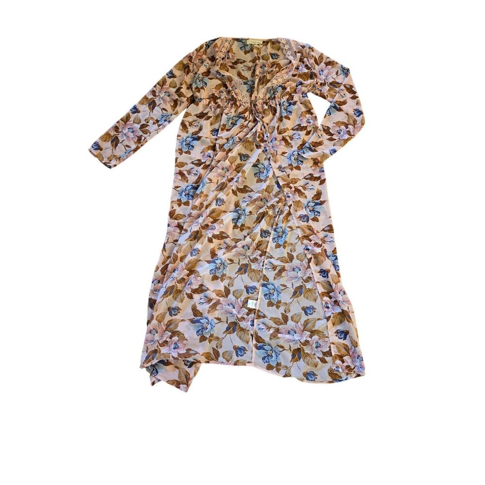 Time After Time‎ Women's Floral Long Sleeve Sheer Robe Lace Trim